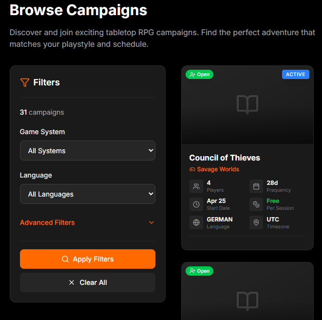 Browse campaigns page showing campaign cards with filters on the side