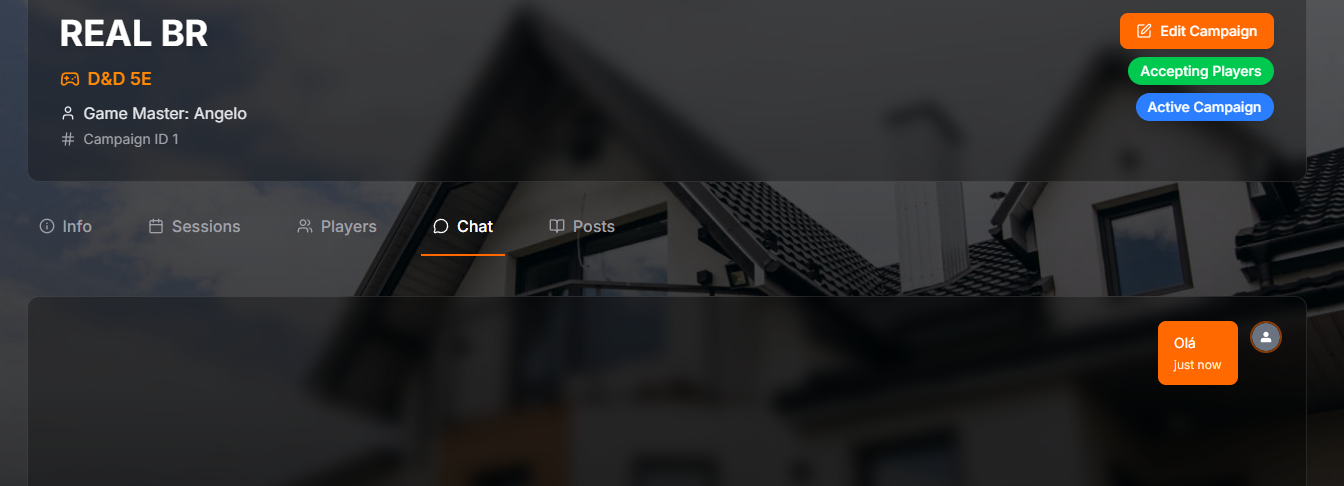 Campaign chat interface showing messages from different players with timestamps and delete buttons