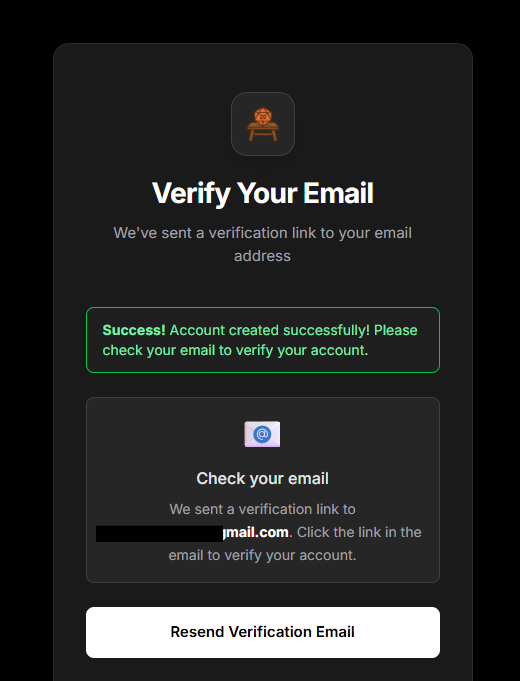 Email verification notice page with instructions and resend button