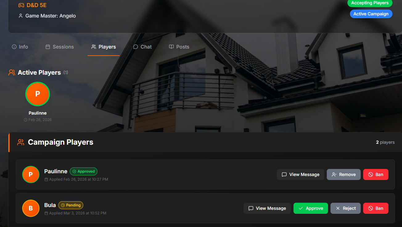 Players tab showing list of players with approve, reject, remove, and ban action buttons