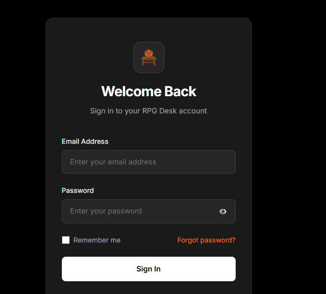 RPG Desk registration page showing the sign-up form with email, password, and timezone fields