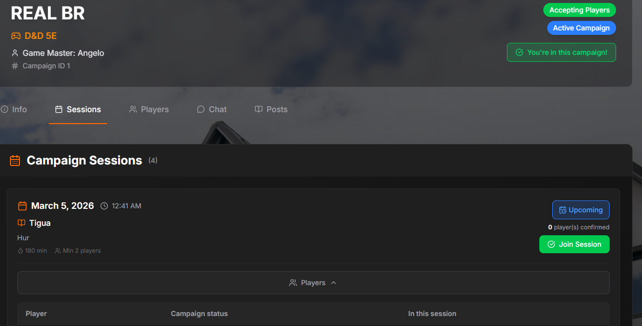 Sessions page showing upcoming sessions with join buttons and player confirmations
