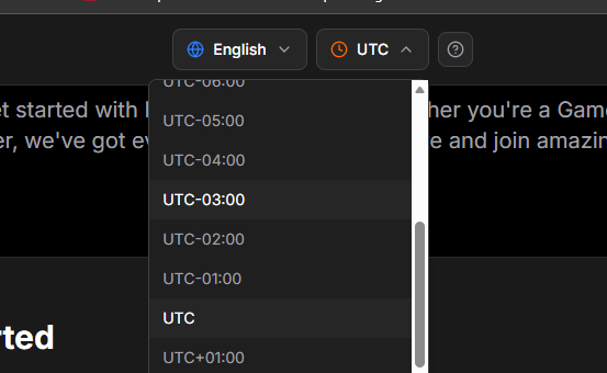 Timezone selector dropdown in the header showing various UTC offsets